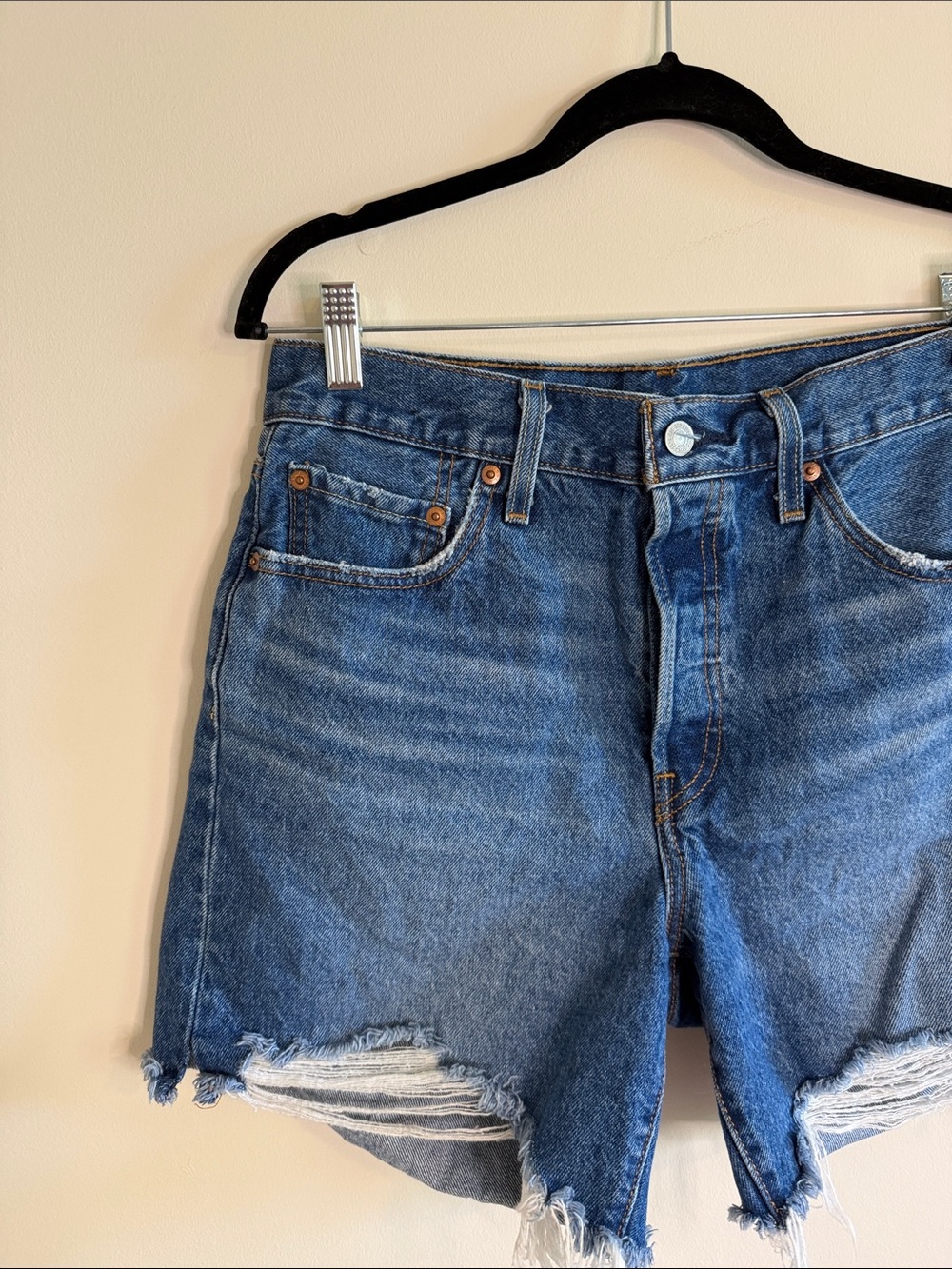 Levi's Distressed Blue Denim Cutoff Shorts - Picture 4 of 7